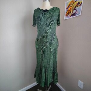 Vintage 100% Silk Polka Dot Top Skirt 2 Piece Set Cowl Midi Fairy Artsy 90s Y2K